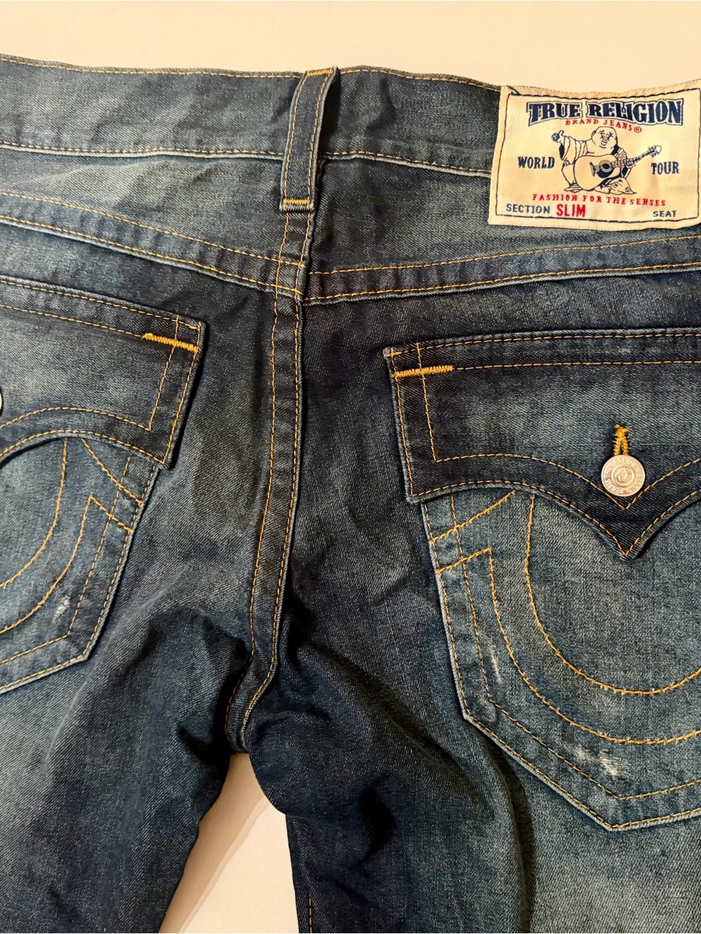 True Religion Ricky Big T Jeans 33x34 Blue Thick Stitch Flap Pockets Made In USA - Picture 10 of 16